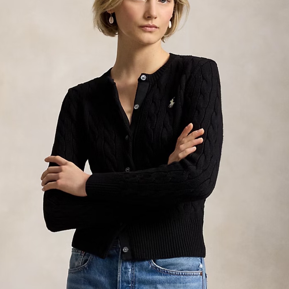 Polo Ralph Lauren Cable Knit Cardigan Holiday Black L (12-14) New With‎ Tags